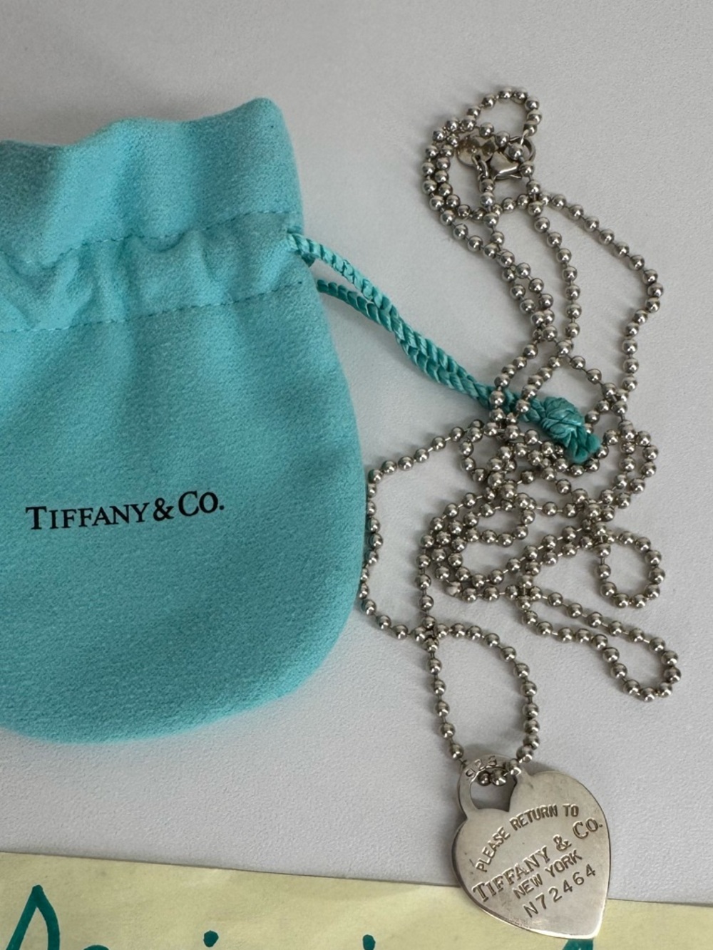 Tiffany & Co. Blue Pouch with Silver Heart Tag Necklace